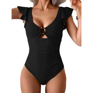Eomenie Women's LARGE One-Piece Swimsuit Tummy Control Cutout Ruffle NEW